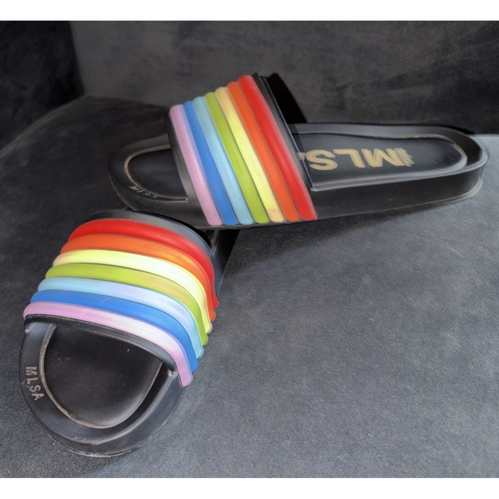 Melissa Sandals Wmn Sz 8 Beach Slide Rainbow Pride Stripes Shoes Pool Colorful